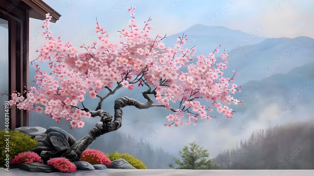 Serene Japanese garden with blooming cherry blossoms and mountainous backdrop