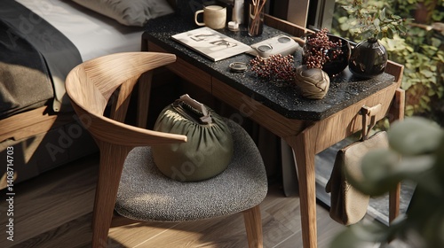 Cozy bedroom desk with accessories, chair with cushion, and foliage creates serene indoor scene near a window