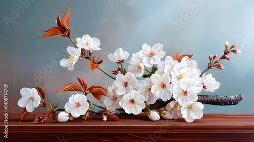 Obraz na płótnie Cherry blossoms in full bloom on a wooden table w salonie