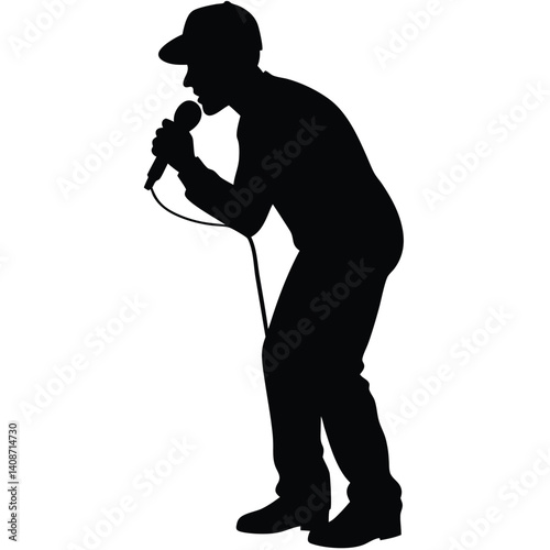Isolated silhouette of male singer in cap holding microphone with wire cord