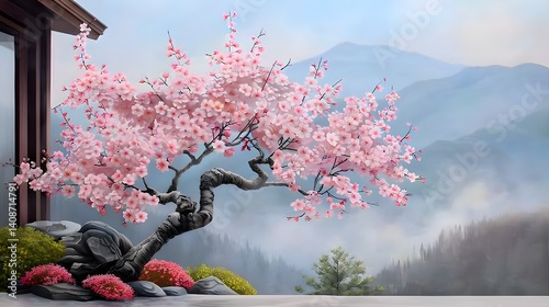 Obraz na płótnie Serene Japanese garden with blooming cherry blossoms and mountainous backdrop w salonie