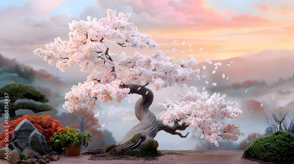Serene Japanese landscape with blooming cherry tree