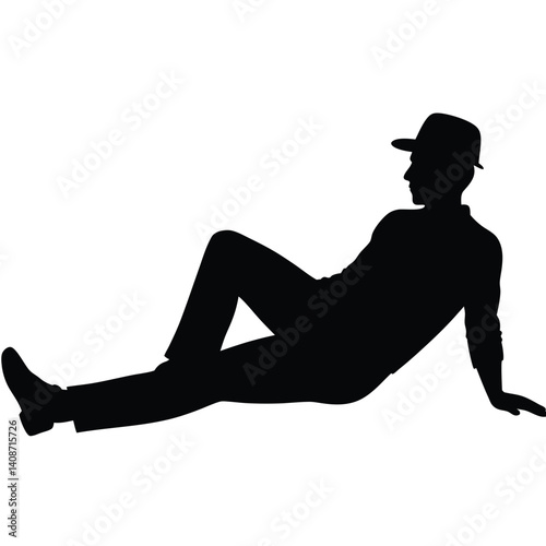 Reclining man silhouette in fedora and suit with transparent background look aside