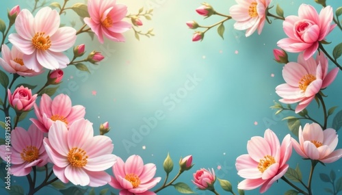 Delicate floral frame, pastel blooms, soft focus, white, yellow