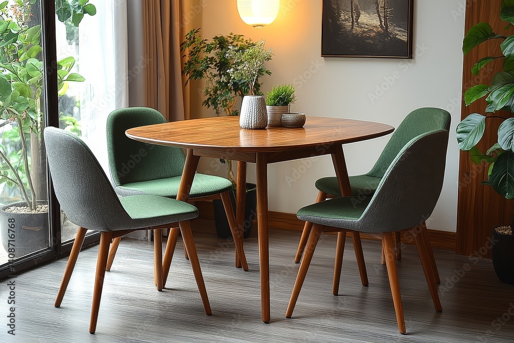 Modern solid wood dining table with four chairs, natural light brown and green seats, simple design, and harmonious indoor setting with soft lighting.
Modern solid wood dining table with four chairs, natural light brown and green seats, simple design, and harmonious indoor setting with soft lighting.
