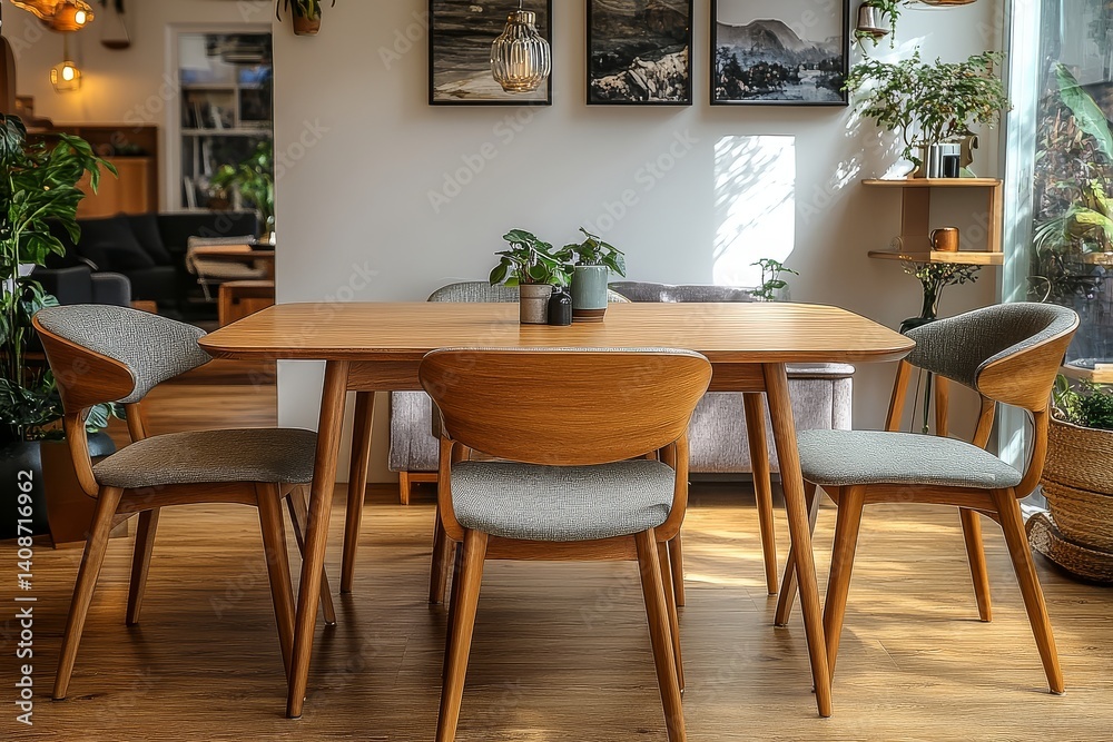 Modern solid wood dining table with four chairs, natural light brown and green seats, simple design, and harmonious indoor setting with soft lighting.
Modern solid wood dining table with four chairs, natural light brown and green seats, simple design, and harmonious indoor setting with soft lighting.
