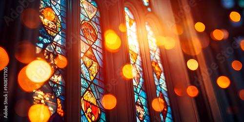 Stained Glass Windows Illuminated by Morning Sunlight in Sacred Interior