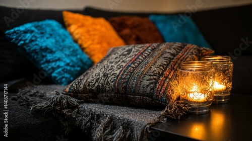 Cozy corner Pillows and candles on a dark surface create warm ambiance