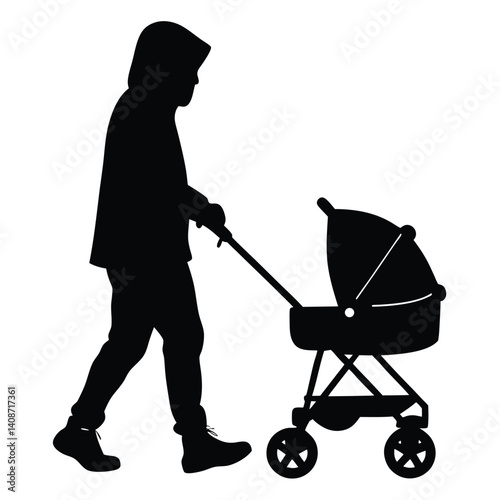 Silhouette Asian Parent Strolling with Baby Stroller in Transparent Background