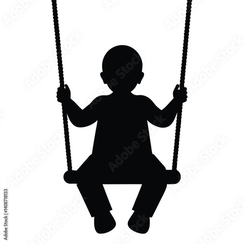 Silhouette of a Child on a Swing with Transparent Background, Holds Ropes Tight