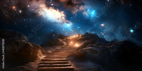 Staircase to the Stars Surrounded by Galaxies and Cosmic Light