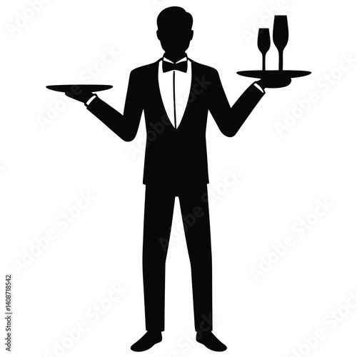 Silhouette of a Waiter Holding Trays with Champagne Glasses on Transparent Background