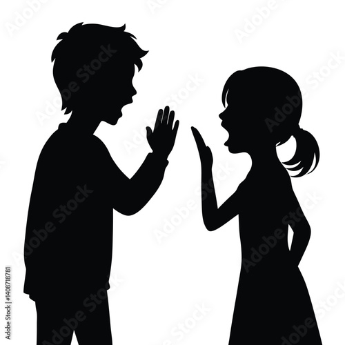 Silhouette of Argue Siblings Raising Hands and Speaking Loudly