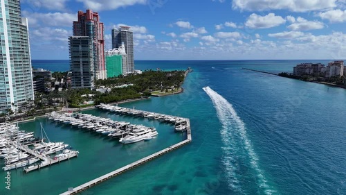 City panorama of Miami Bay with luxury yachts. Miami city, Florida, USA