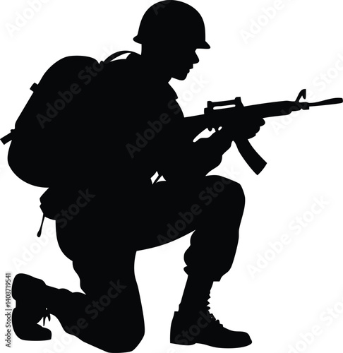 Silhouette of Kneeling Soldier Aiming Rifle with Transparent Background Design