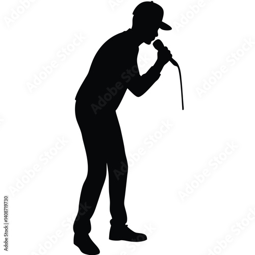 Silhouette of Man in Cap Holding Microphone Singing on Transparent Background