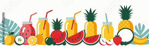 an_array_of_colorful_fruits_and_drinks_with_straws_including_pineapple-watermelon-strawberries-banana-mango_and_blue_leaves_in_the_background