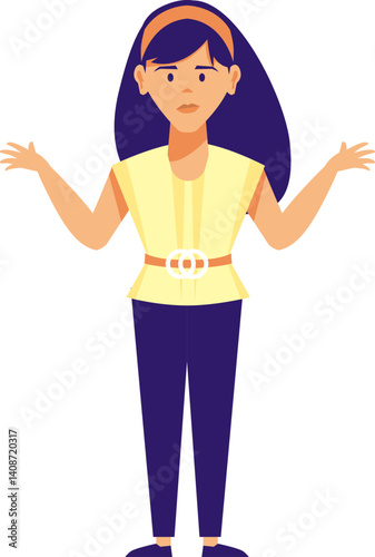 Young woman with confused expression standing with open arms.