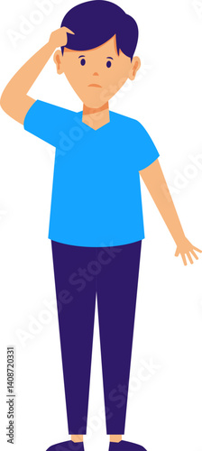 Young man standing with hand on head in contemplation.