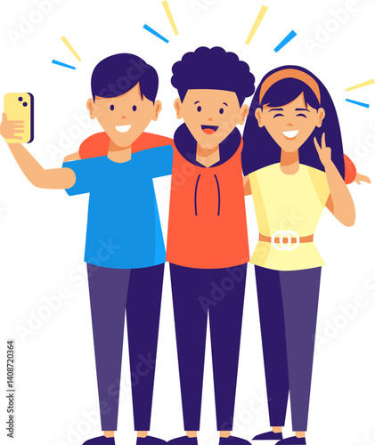 Three diverse young friends taking selfie together happily.