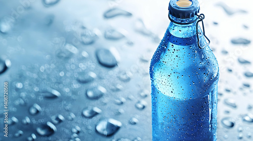 Cool, refreshing water bottle.  Water droplets cling to a vibrant blue glass bottle, suggesting freshness and coolness
