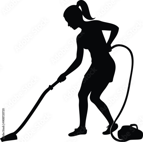 Silhouette of Woman Vacuuming with Transparent Background, Ponytail, Cleaning