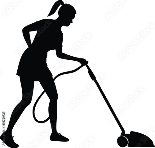 Silhouette of Woman Vacuuming, Using Machine, Ponytail, Short Skirt, Isolated