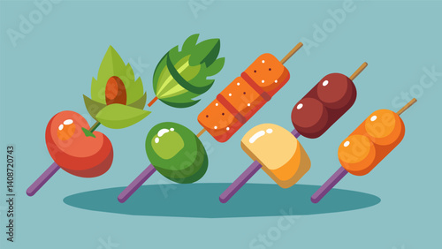 Local vegetables grilled on skewers alongside the meats offer a refreshing and healthy option for diners looking for a break from the rich meats.. Vector illustration