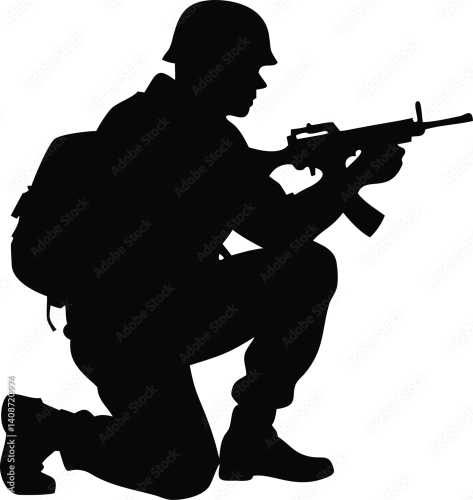 Naklejka premium Silhouette Soldier Kneeling Aiming Rifle with Backpack on Transparent Background
