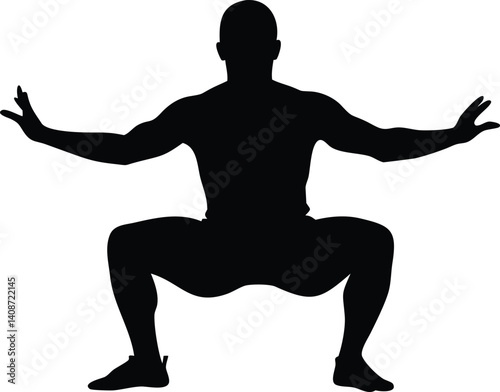 Squatting Black Silhouette Man Arms Outstretched Fitness Exercise on White Background