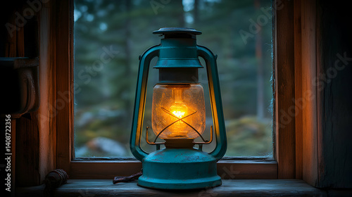 Glowing Lantern in Dark Window