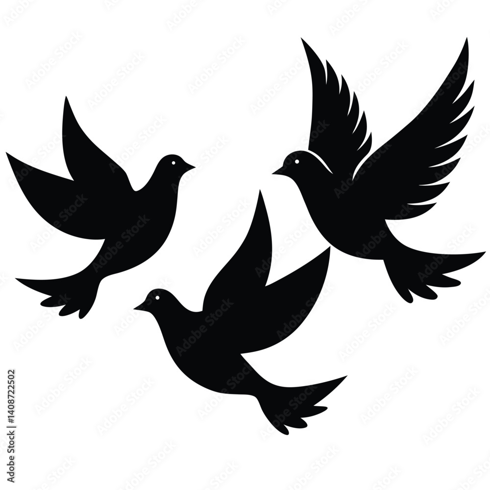 Obraz premium Three Birds Flying Silhouette on Transparent Background, Wings Open in Flight