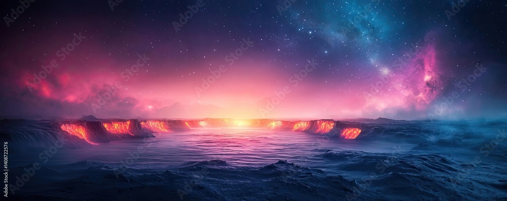 Obraz premium Landscape of alien planet inside a universe and fiction cosmos concept. Stunning cosmic landscape with vibrant colors and ocean waves.