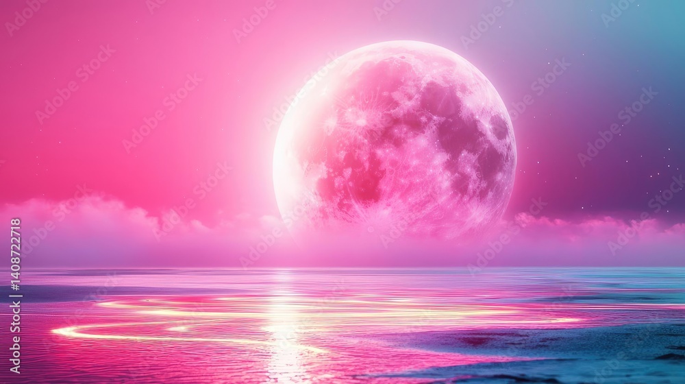 Landscape of alien planet with cosmos and galaxy atmosphere concept. A vibrant pink moon reflecting on a tranquil ocean scene. Landscape of alien planet with cosmos and galaxy atmosphere concept. A vibrant pink moon reflecting on a tranquil ocean scene.