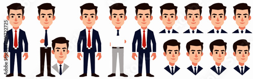 a group of cartoon businessmen-some in full suits-some in shirts and ties-and heads-with similar facial features-but there is variation in dress and pose