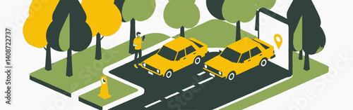 Isometric_image_of_two_yellow_cars_parked_on_a_street_with_trees_a_man_looking_at_his_phone_and_a_large_phone_displaying_a_location_icon