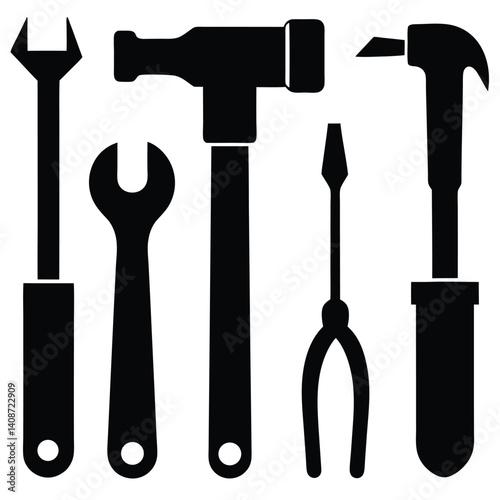 Tools Set on Transparent Hammer, Wrenches, Crowbar, Screwdriver Icon Silhouette