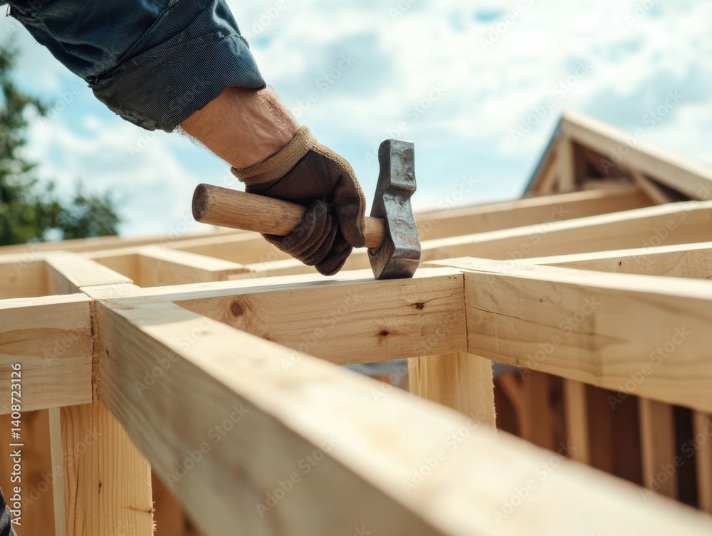 A construction worker assembling a wood framework for a building. Featuring wooden frame construction and teamwork A construction worker assembling a wood framework for a building. Featuring wooden frame construction and teamwork