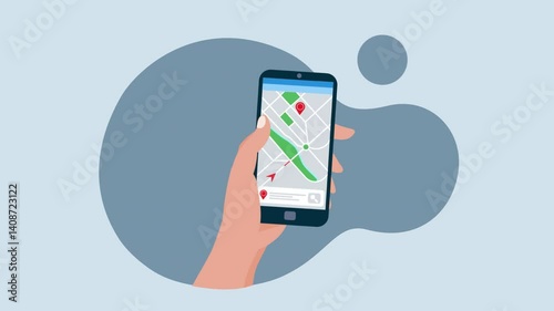 Animated of hand using a smartphone map for navigation. Dynamic route tracking, clear directions. Ideal for guidance apps & mobile navigation visuals.