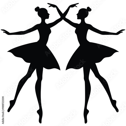 Two Ballerinas Silhouette Reaching Hands in Tutu Poses on Transparent Background
