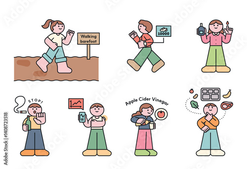 Healthy lifestyle and wellness routine illustration with cute characters. Flat design showing habits like walking, no smoking, healthy eating, and blood sugar check.
