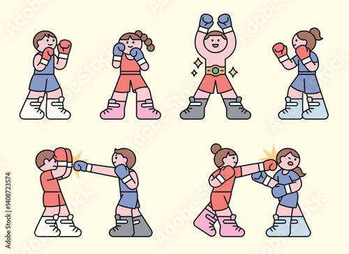 Cute boxing characters in action. Flat style illustration showing boxing match, punching scenes, and a champion moment. Sports and fitness concept.