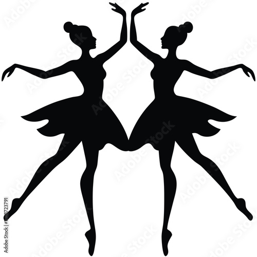 Two Silhouette Ballet Dancers in Dresses Mirroring Each Other with Arms Upwards