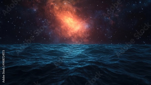 Landscape of alien planet inside a universe and fiction cosmos concept. A serene ocean view under a mesmerizing cosmic sky.
