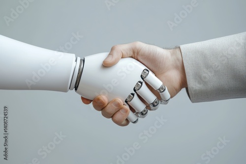 A human hand shakes with a robotic hand, symbolizing collaboration between technology and humanity.