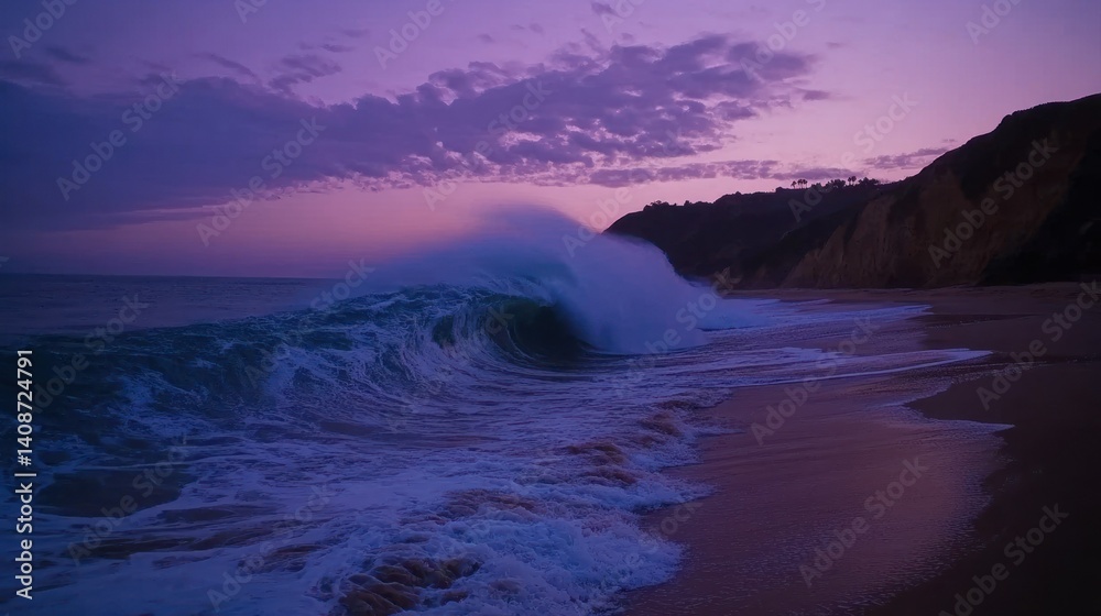 Fototapeta premium A large ocean wave crashes onto a sandy beach during sunset time