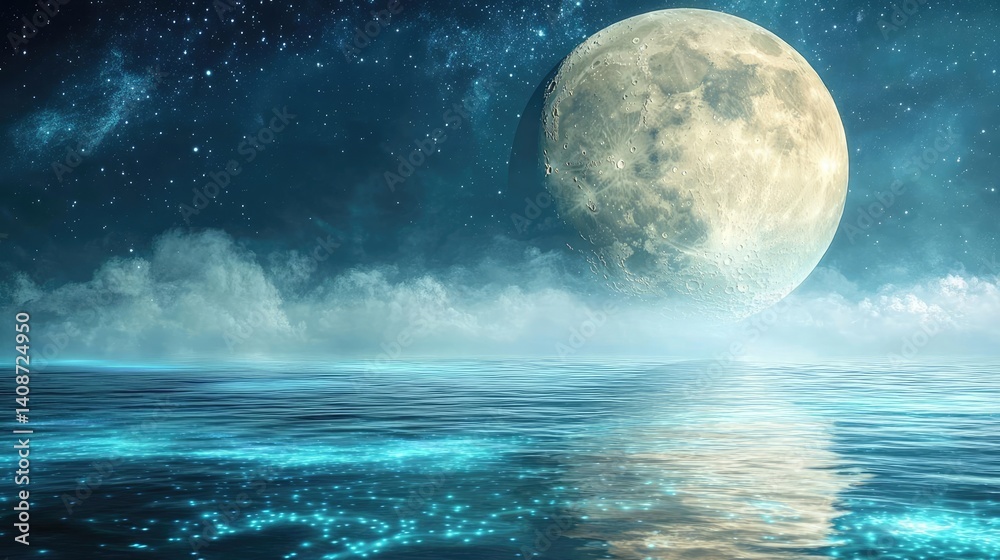 Landscape of alien planet with cosmos and galaxy atmosphere concept. A stunning night scene featuring a full moon over calm waters. Landscape of alien planet with cosmos and galaxy atmosphere concept. A stunning night scene featuring a full moon over calm waters.