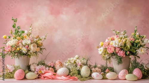 A beautiful display of Easter ornaments such as decorated eggs, floral arrangements, and ribbons, surrounded by ample space for holiday greetings or creative text