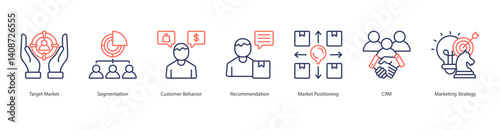 Market Positioning Strategies Icon sheet vector target market, segmentation, customer behavior, recommendation, market positioning, crm, marketing strategy