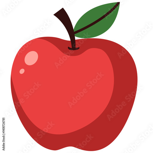 Flat design illustration of a red apple with a leaf. Perfect for healthy food designs, fruit icons, organic labels, children's graphics, or educational visuals.